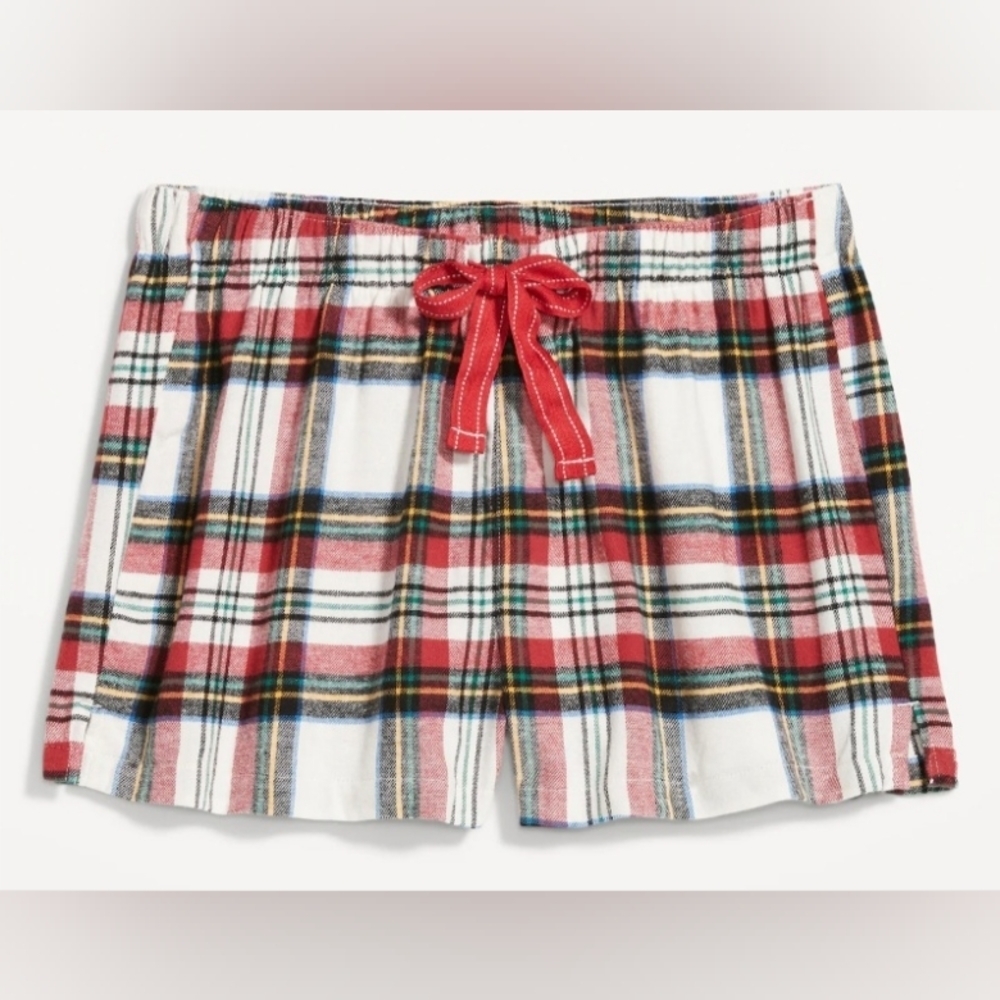 Old Navy Womens XL Flannel Boxer Pajama Shorts White Tartan Plaid Christmas Xmas